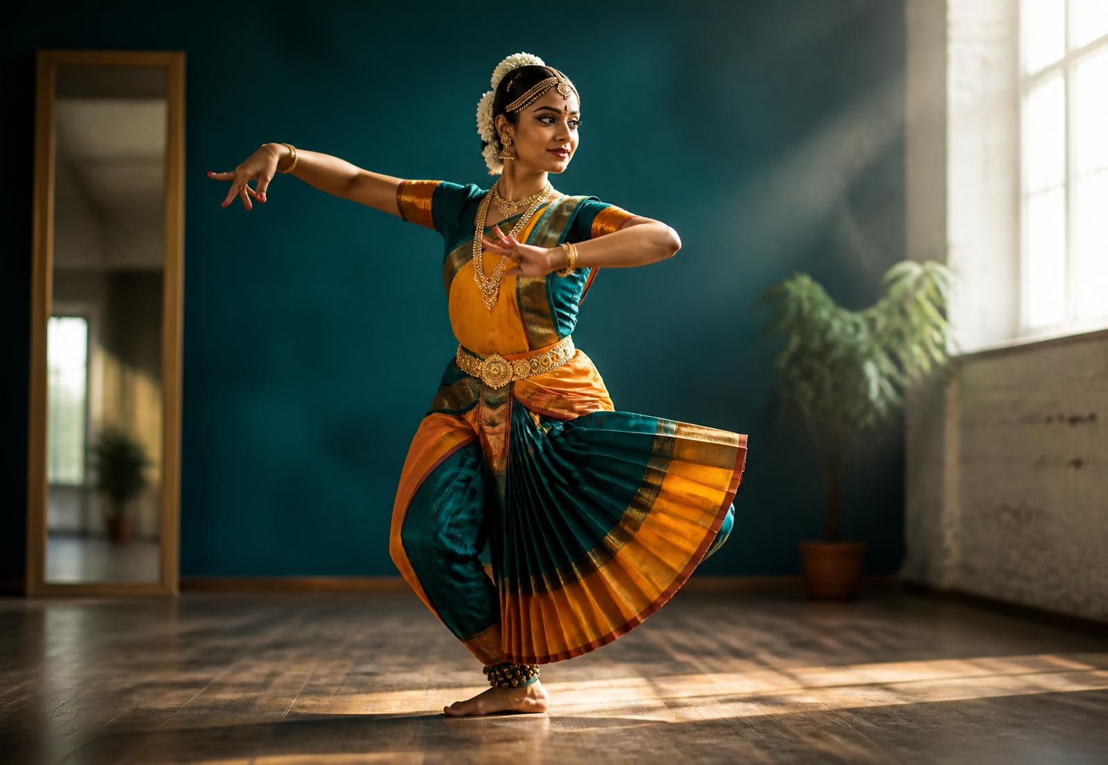 Bharatanatyam dancer mid-pose in a studio in Almere